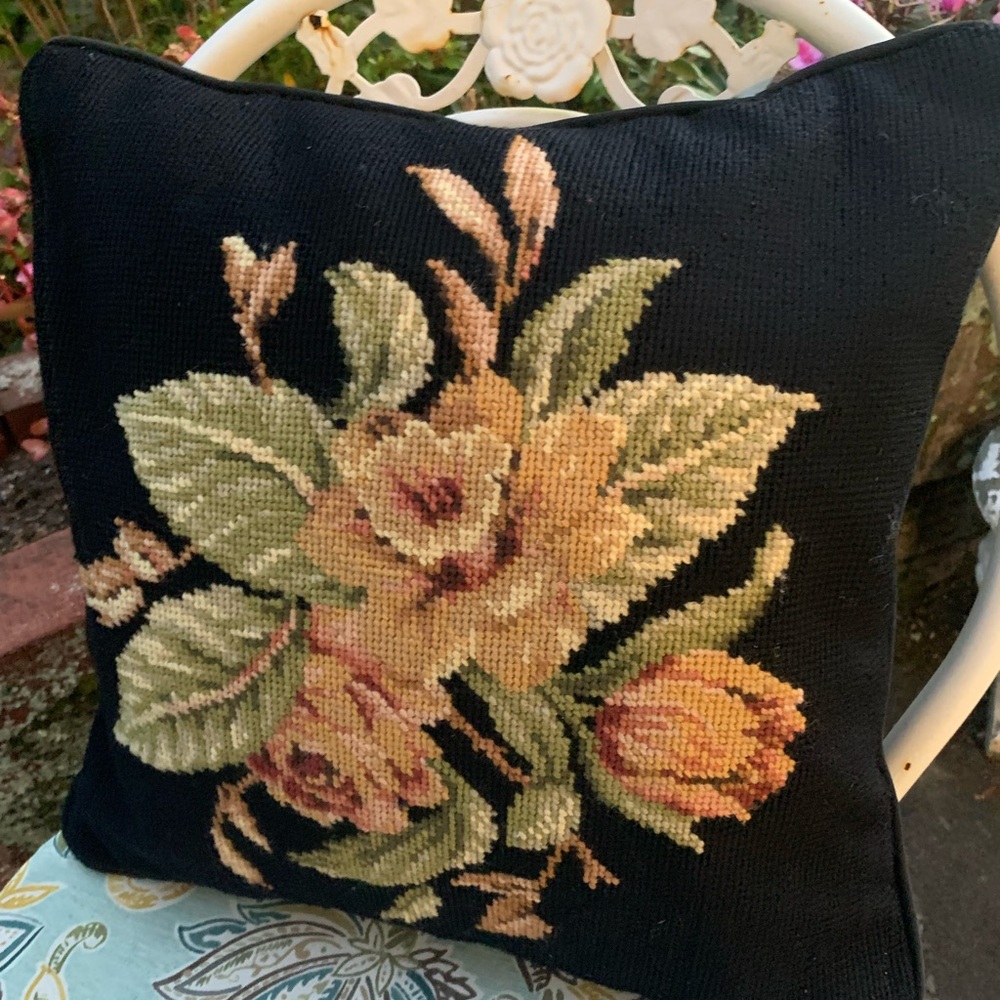 Vintage Ralph Lauren Needlepoint Black and Green Floral Accent Pillow